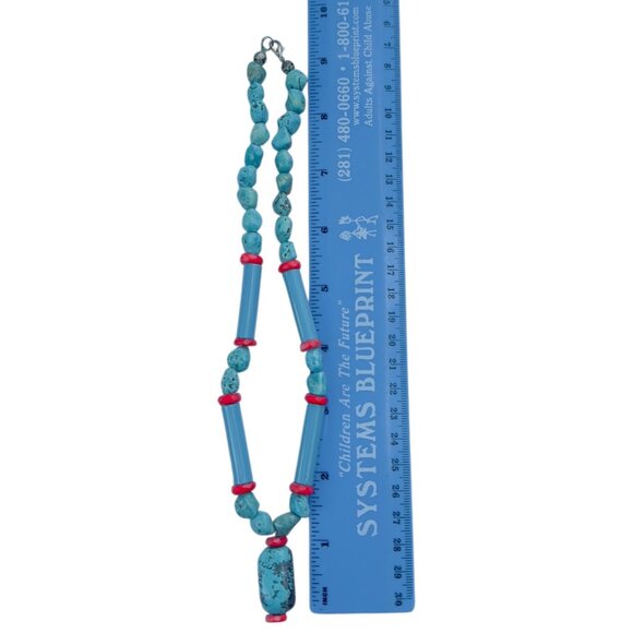 Vintage Native American Turquoise & Coral Beaded Necklace W Center Stone Pendant - Picture 7 of 7